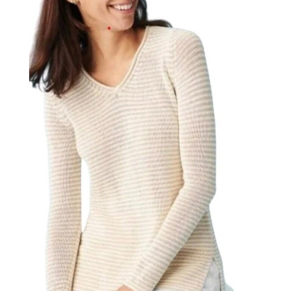 New J Mclaughlin Sweater Beige Striped Cotton Blend‎ Pullover Knitwear V Neck XS